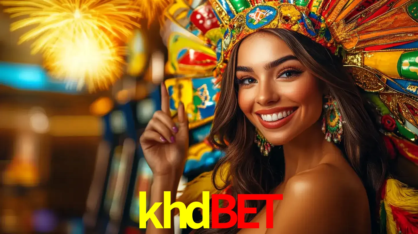 Mulher sorridente com um cocar de carnaval vibrante e colorido, celebrando uma grande vitória nos jogos do cassino khdbet com fogos de artifício ao fundo.