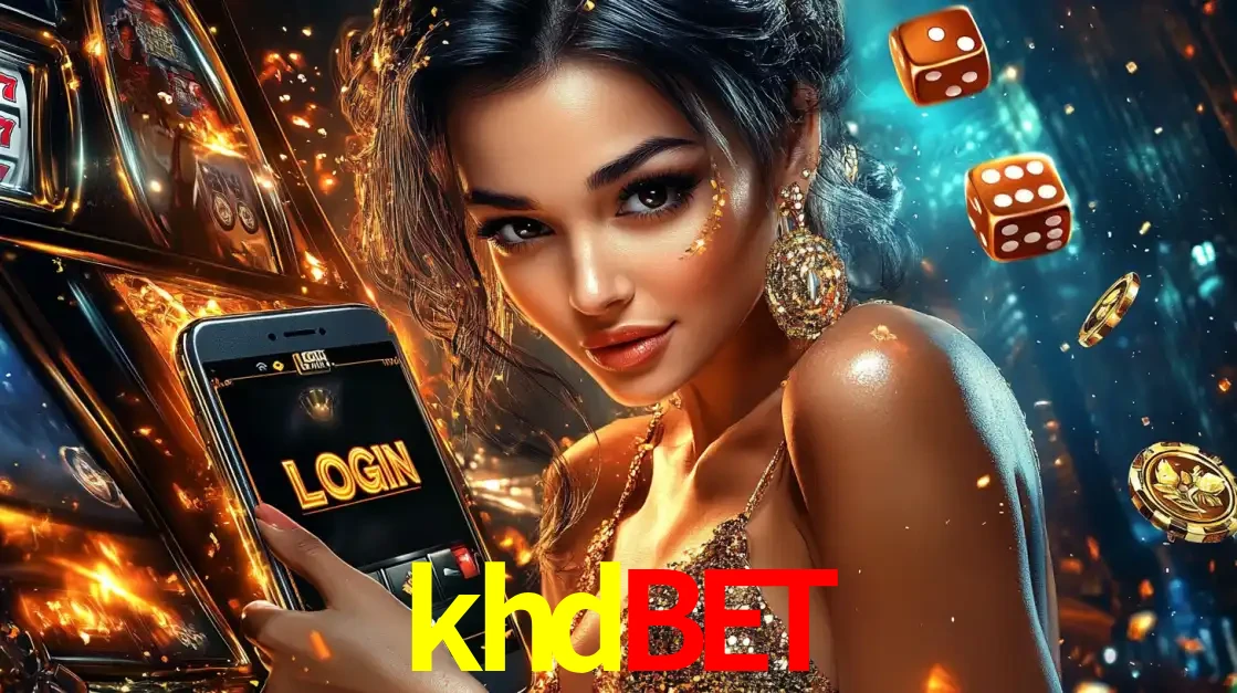 Mulher glamourosa segurando um celular com a tela de login do cassino khdbet, rodeada por dados e moedas douradas, pronta para começar a diversão.