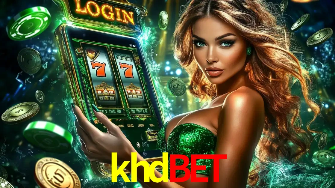 Mulher com tema verde apresentando o aplicativo do cassino khdbet com um jogo de slot de 777, cercada por fichas de cassino e uma aura de sorte.