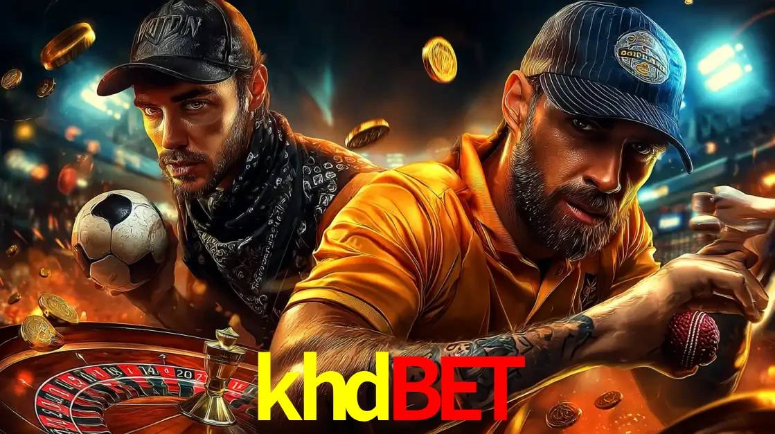 Montagem de apostas esportivas e cassino no khdbet, com um homem segurando uma bola de futebol e outro uma de beisebol sobre uma roleta e moedas voadoras.