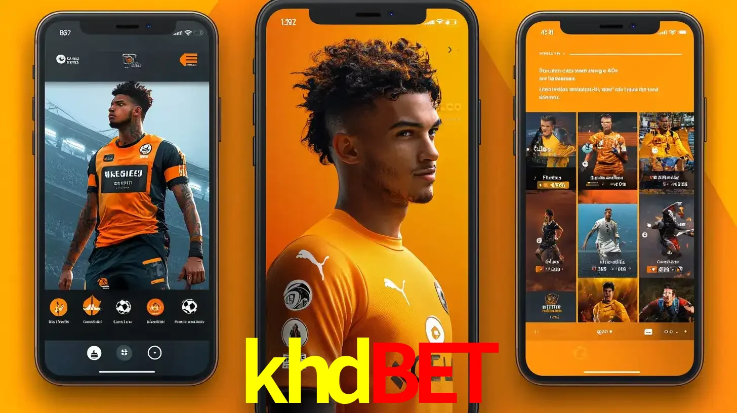Interface do aplicativo de apostas esportivas khdbet em três telas de celular, mostrando o perfil de um jogador de futebol e a lista de jogos disponíveis para apostar.