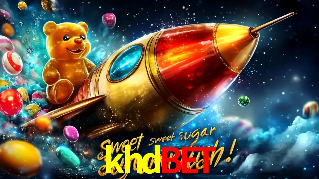 Arte promocional do jogo de slot Sugar Rush, com um urso de pelúcia em um foguete viajando pelo espaço de doces, um dos jogos divertidos disponíveis no cassino khdbet.