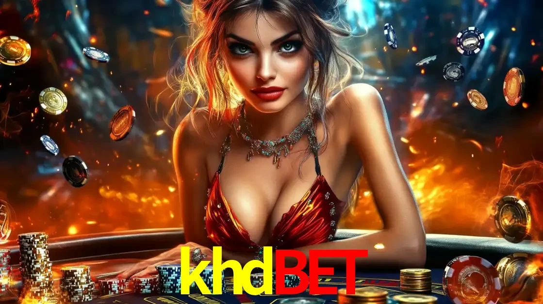 Mulher em uma mesa de cassino com pilhas de fichas e um fundo de fogo, pronta para uma rodada de altas apostas nos jogos de mesa emocionantes do cassino khdbet.