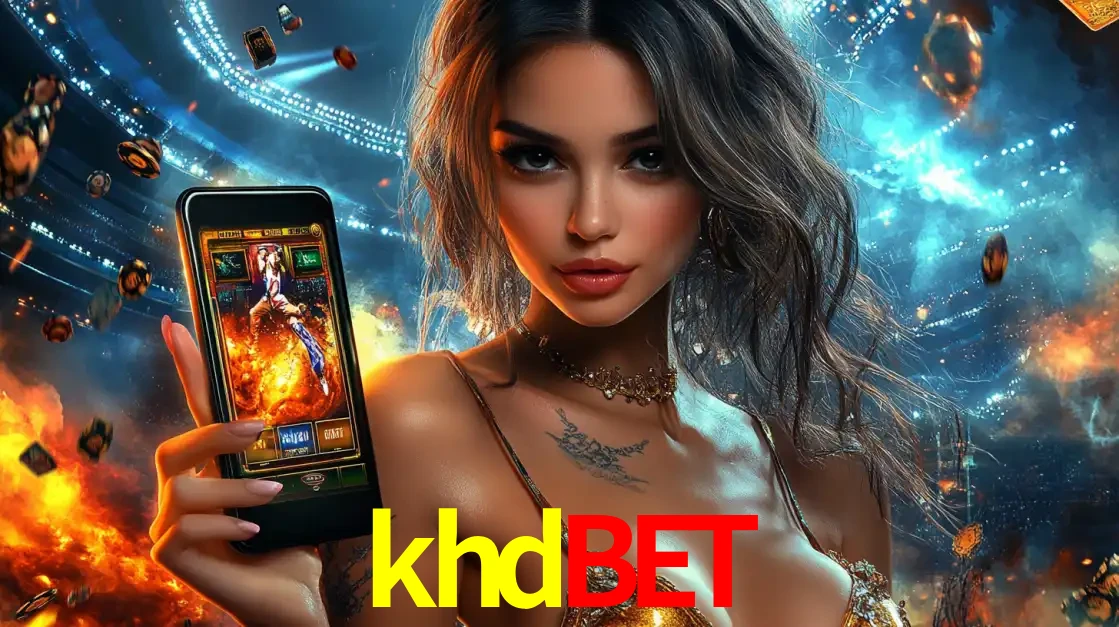 Mulher segurando um celular com um jogo de slot em destaque, tendo como fundo um estádio vibrante, simbolizando a emoção de jogar no cassino móvel khdbet.