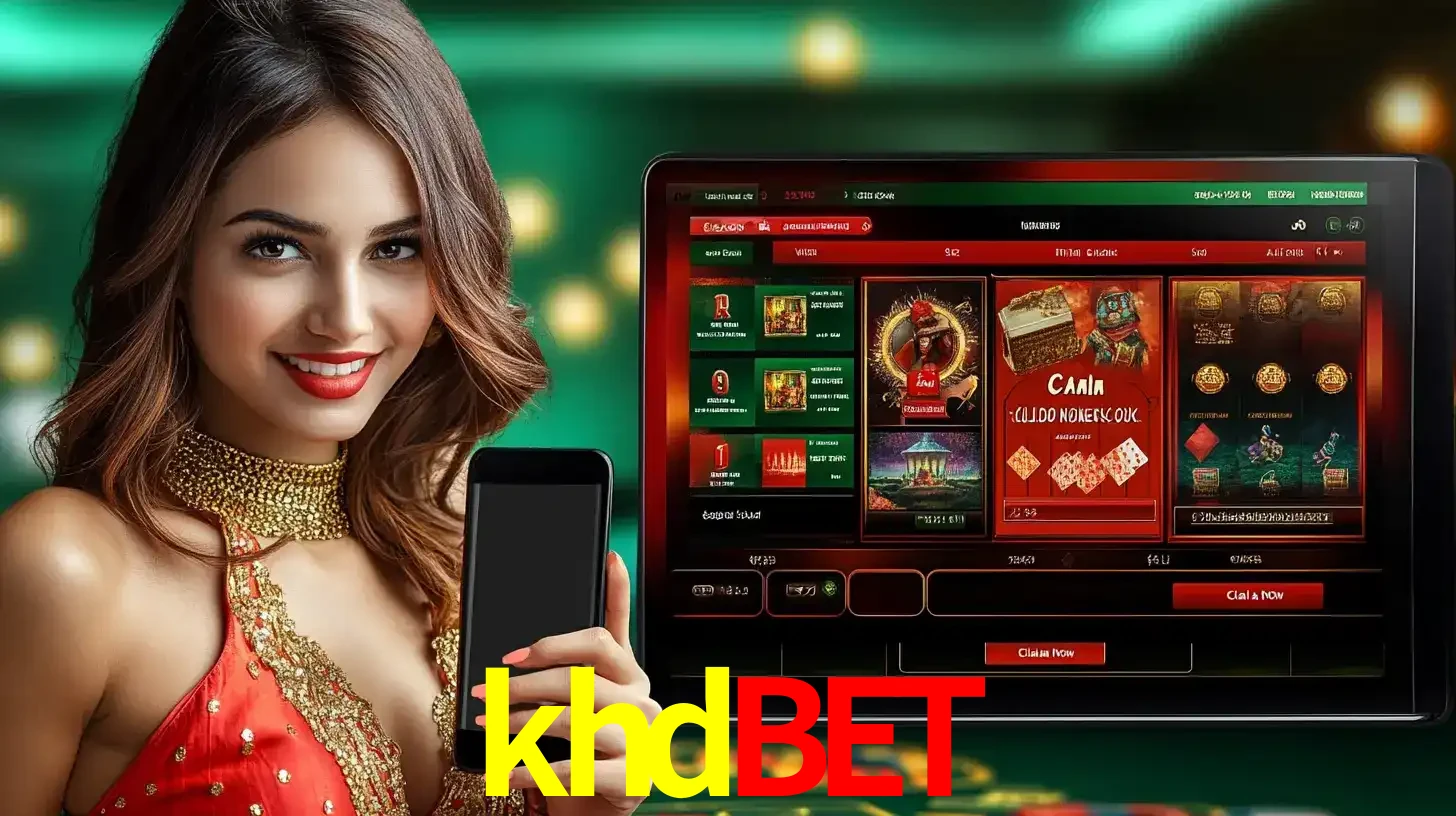 Mulher sorridente segurando um smartphone, ao lado de uma tela exibindo o lobby de jogos do cassino online khdbet, com várias opções de jogos de cartas e slots.
